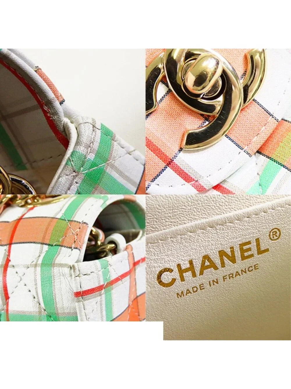 Chanel Single Flap Bag White Orange Green Leather Mini Quilted 20 Plaid Chain